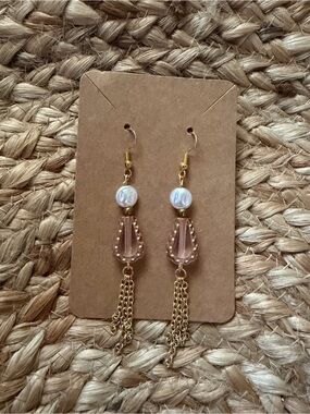 Gold and Blush Dangle Earrings with Pearl Accent